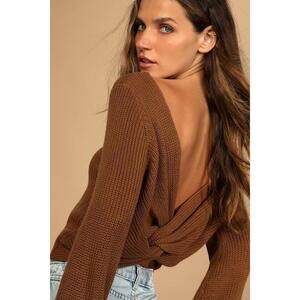 Lulus Let's Get Away Brown Knit Twist Back Sweater - Size S